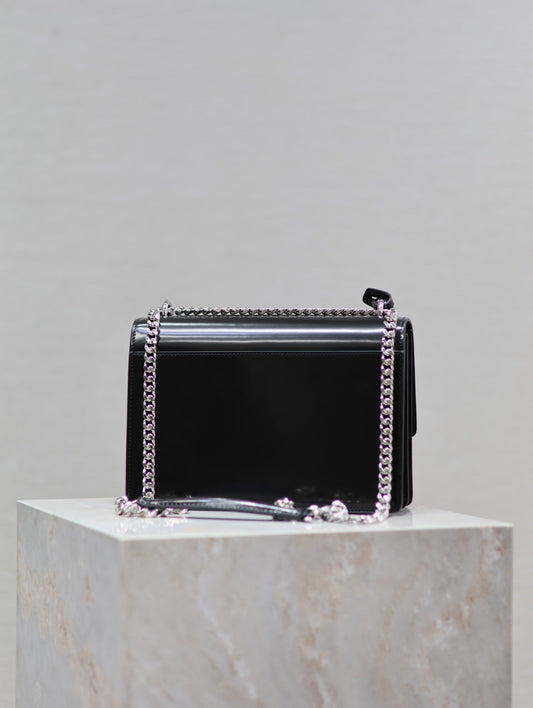 YSL 25S SUNSET MEDIUM 22 IN BLACK SHINY CALFSKIN SILVER HARDWARE