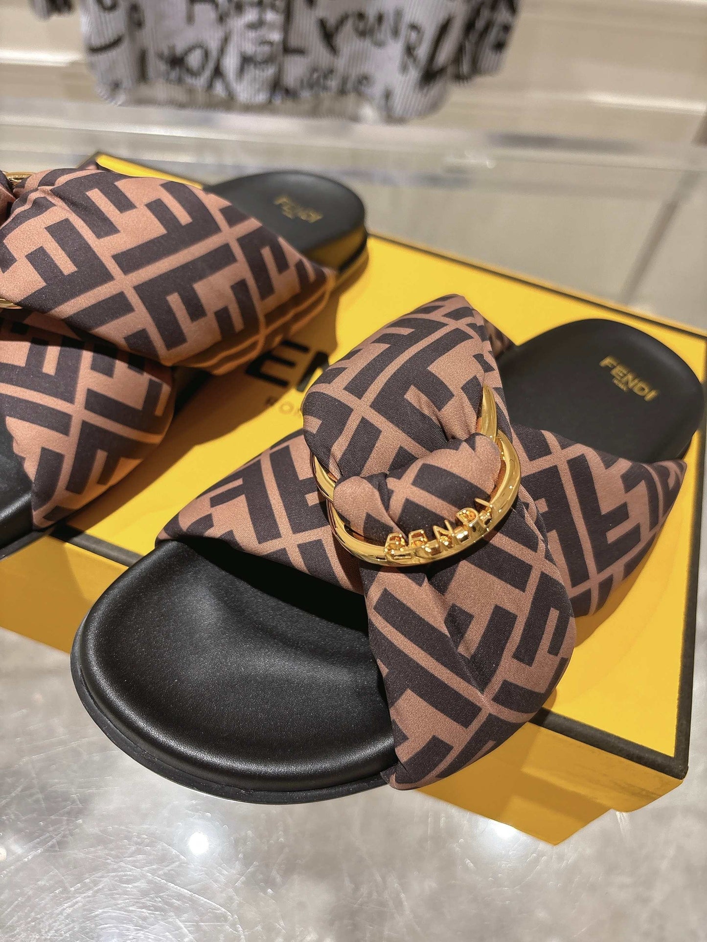 FF KNOT SLIDE SANDALS IN BROWN FABRIC - 35