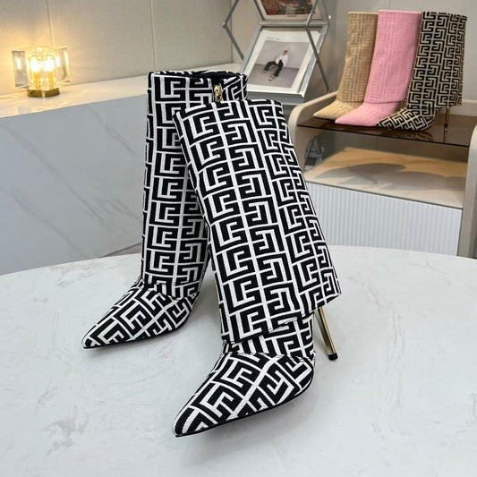 ЧЕРЕВИКИ BALMAIN 26S MONOGRAM НА ПІДБОРАХ 105 ММ З ЧОРНО-БІЛОГО ЖАКАРДОВОГО ПОЛОТНА