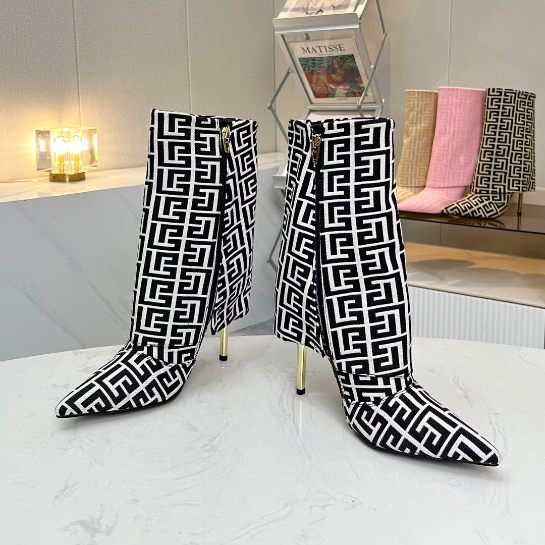 ЧЕРЕВИКИ BALMAIN 26S MONOGRAM НА ПІДБОРАХ 105 ММ З ЧОРНО-БІЛОГО ЖАКАРДОВОГО ПОЛОТНА