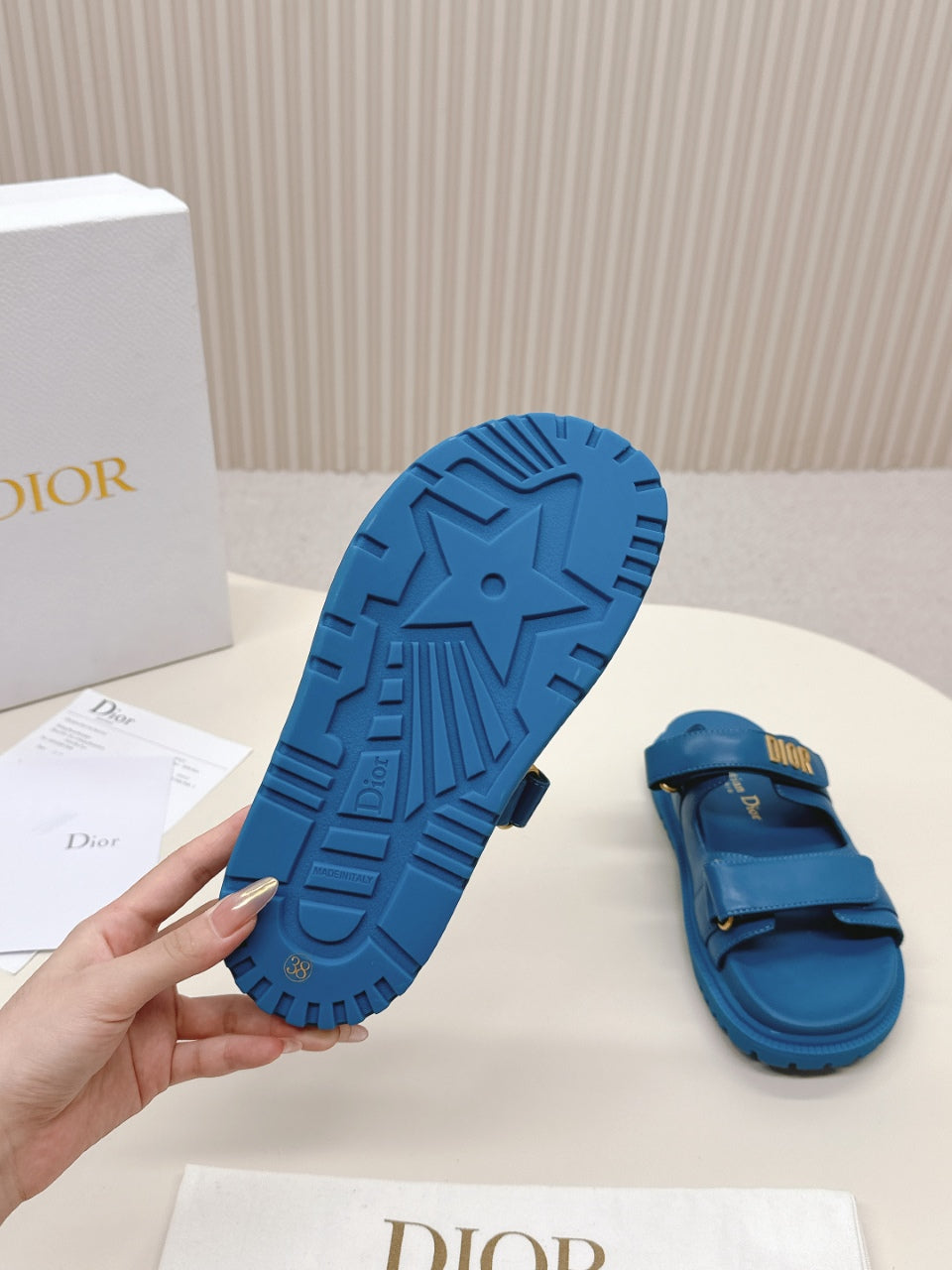 DIOR CLASSIC DOUBLE-STRAP SLIDES 25S IN OCEAN BLUE CALFSKIN - 35