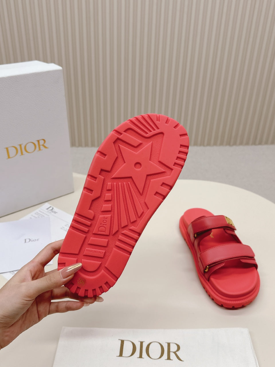 DIOR CLASSIC DOUBLE-STRAP SLIDES 25S IN STRAWBERRY PINK CALFSKIN - 35