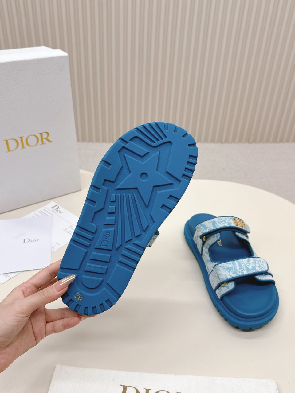 DIOR CLASSIC DOUBLE-STRAP SLIDES 25S IN OCEAN BLUE FABRIC AND CALFSKIN - 35