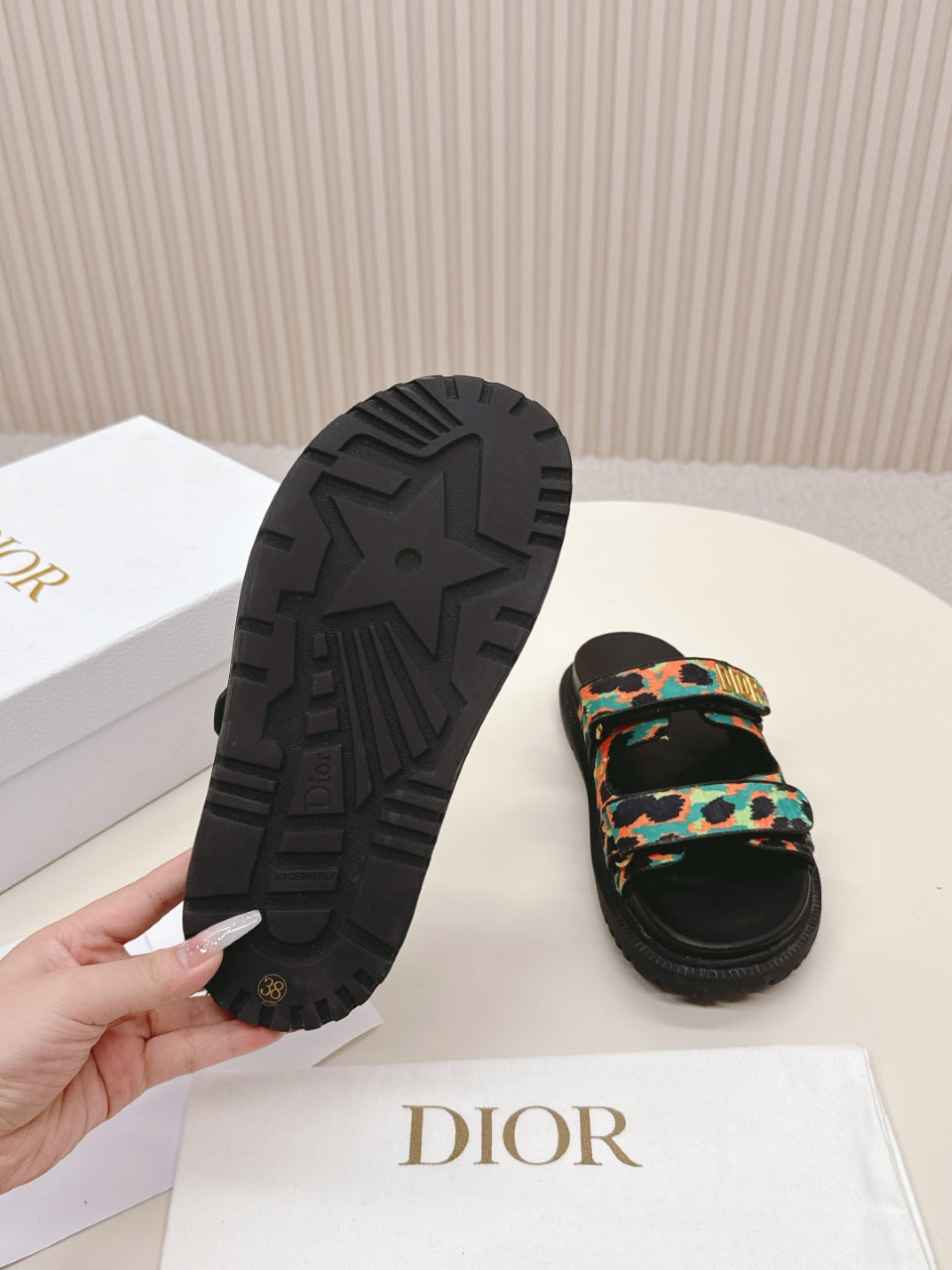 DIOR CLASSIC DOUBLE-STRAP SLIDES 25S IN MULTICOLOR FABRIC AND CALFSKIN - 35
