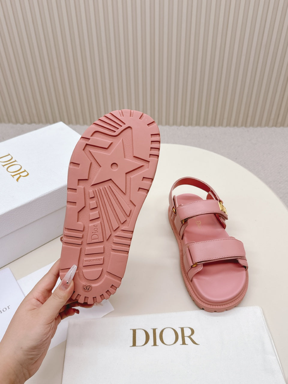 DIOR BACK-STRAP SANDALS 25S IN PEACHY PINK CALFSKIN WITH GOLD HARDWARE - 35