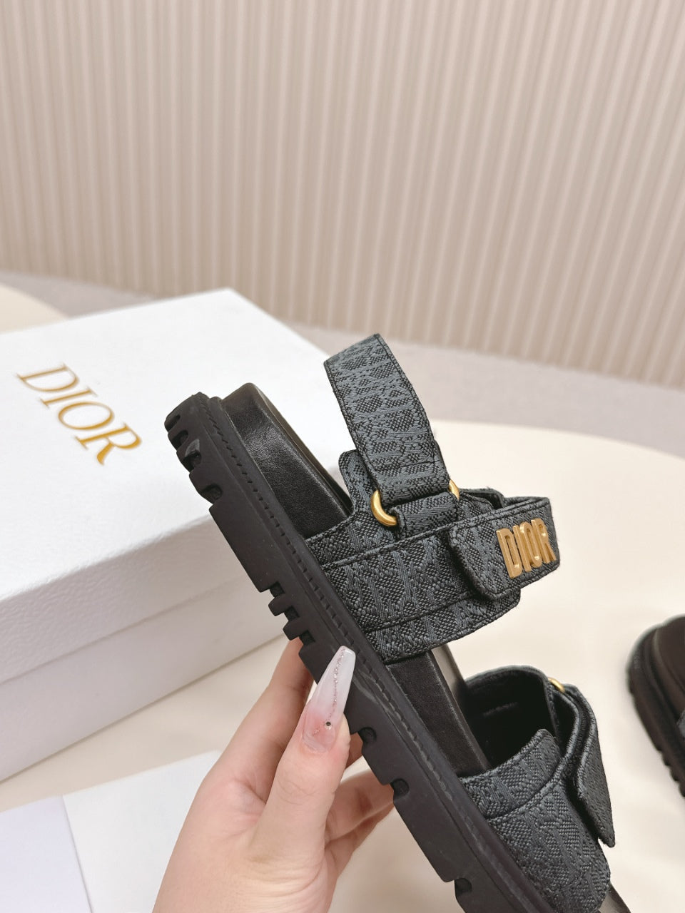 DIOR BACK-STRAP SANDALS 25S IN SLATE BLUE GRAY FABRIC AND BLACK CALFSKIN WITH GOLD HARDWARE - 35