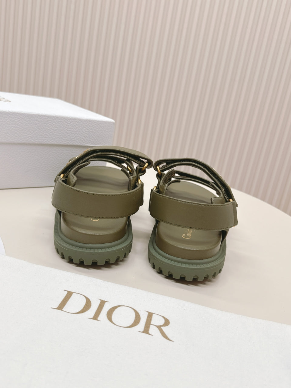 DIOR BACK-STRAP SANDALS 25S IN MOSS GREEN CALFSKIN WITH GOLD HARDWARE - 35