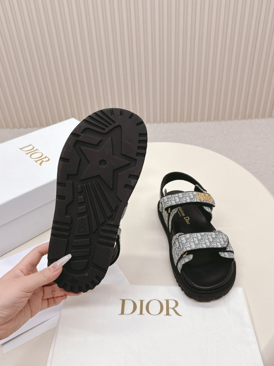 DIOR BACK-STRAP SANDALS 25S IN GREY FABRIC AND BLACK CALFSKIN WITH GOLD HARDWARE - 35