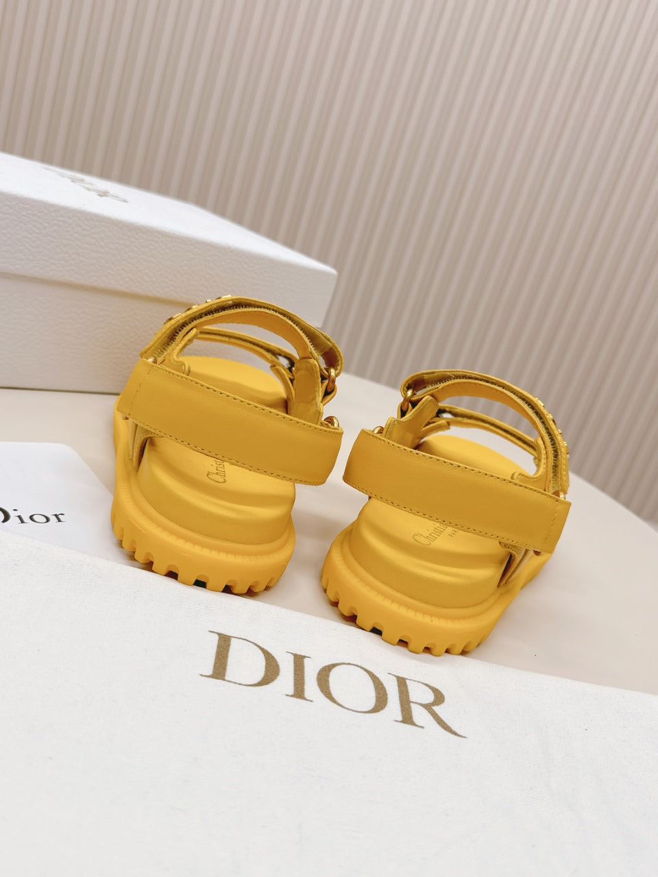 DIOR BACK-STRAP SANDALS 25S IN YELLOW CALFSKIN WITH GOLD HARDWARE - 35