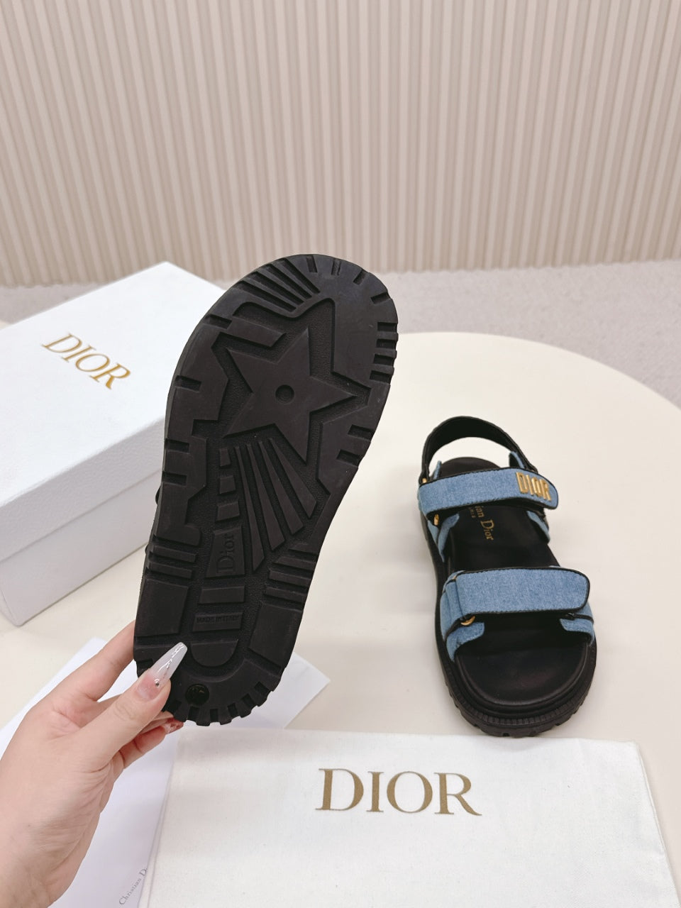 DIOR BACK-STRAP SANDALS 25S IN BLUE DENIM AND BLACK CALFSKIN WITH GOLD HARDWARE - 35