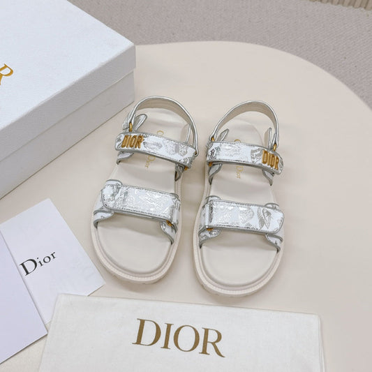 DIOR BACK-STRAP SANDALS 25S IN CREAM WHITE AND SILVER CALFSKIN WITH BUTTERFLY MOTIF - 35