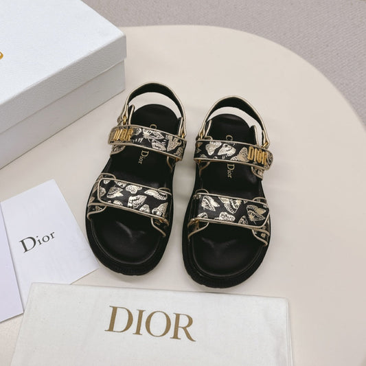 DIOR BACK-STRAP SANDALS 25S IN BLACK AND GOLD CALFSKIN WITH BUTTERFLY MOTIF - 35