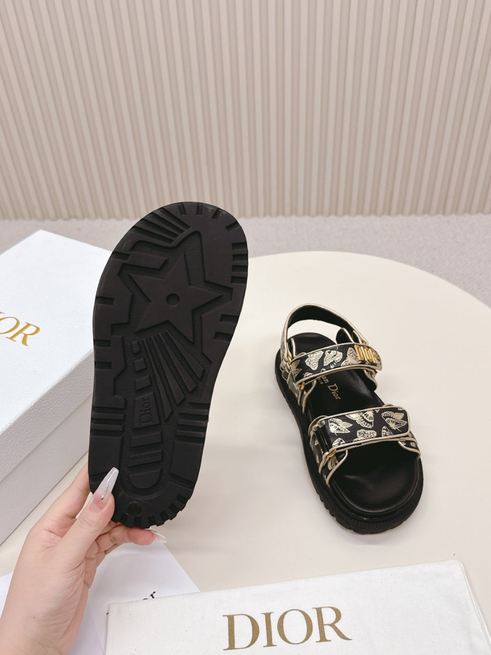 DIOR BACK-STRAP SANDALS 25S IN BLACK AND GOLD CALFSKIN WITH BUTTERFLY MOTIF - 35