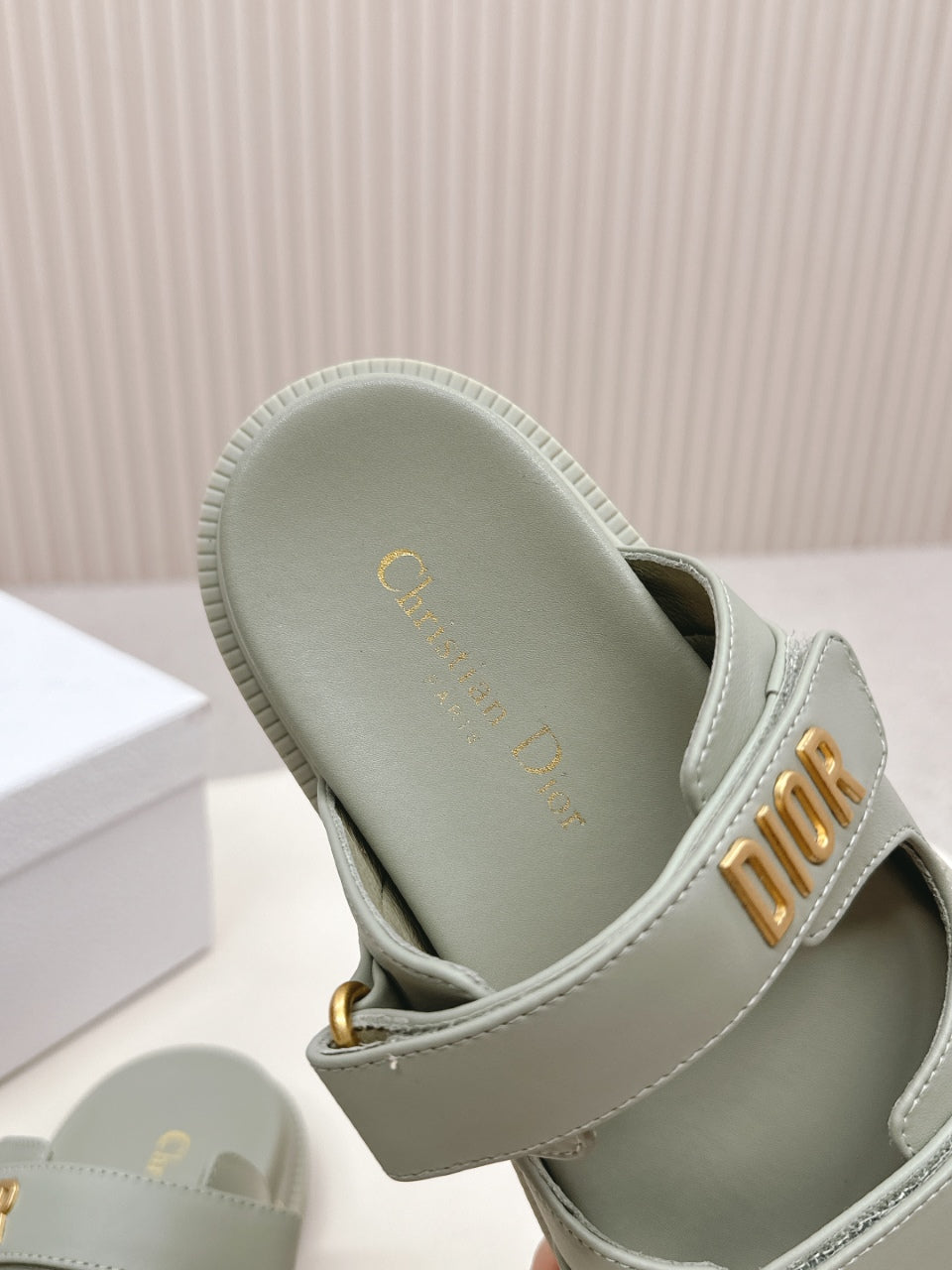DIOR CLASSIC DOUBLE-STRAP SLIDES 25S IN LIGHT MOSS GREEN CALFSKIN - 35