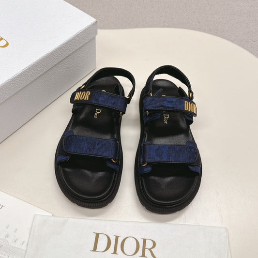 DIOR BACK-STRAP SANDALS 25S IN MIDNIGHT BLUE FABRIC AND BLACK CALFSKIN WITH GOLD HARDWARE - 35