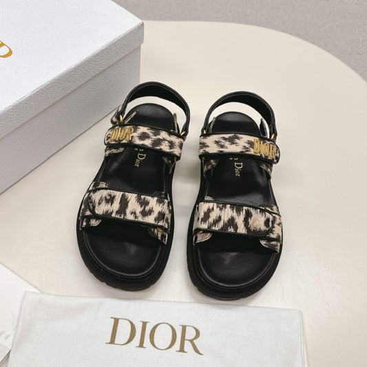 DIOR BACK-STRAP SANDALS 25S IN BLACK MIX LEOPARD PRINT FABRIC AND CALFSKIN WITH GOLD HARDWARE - 35
