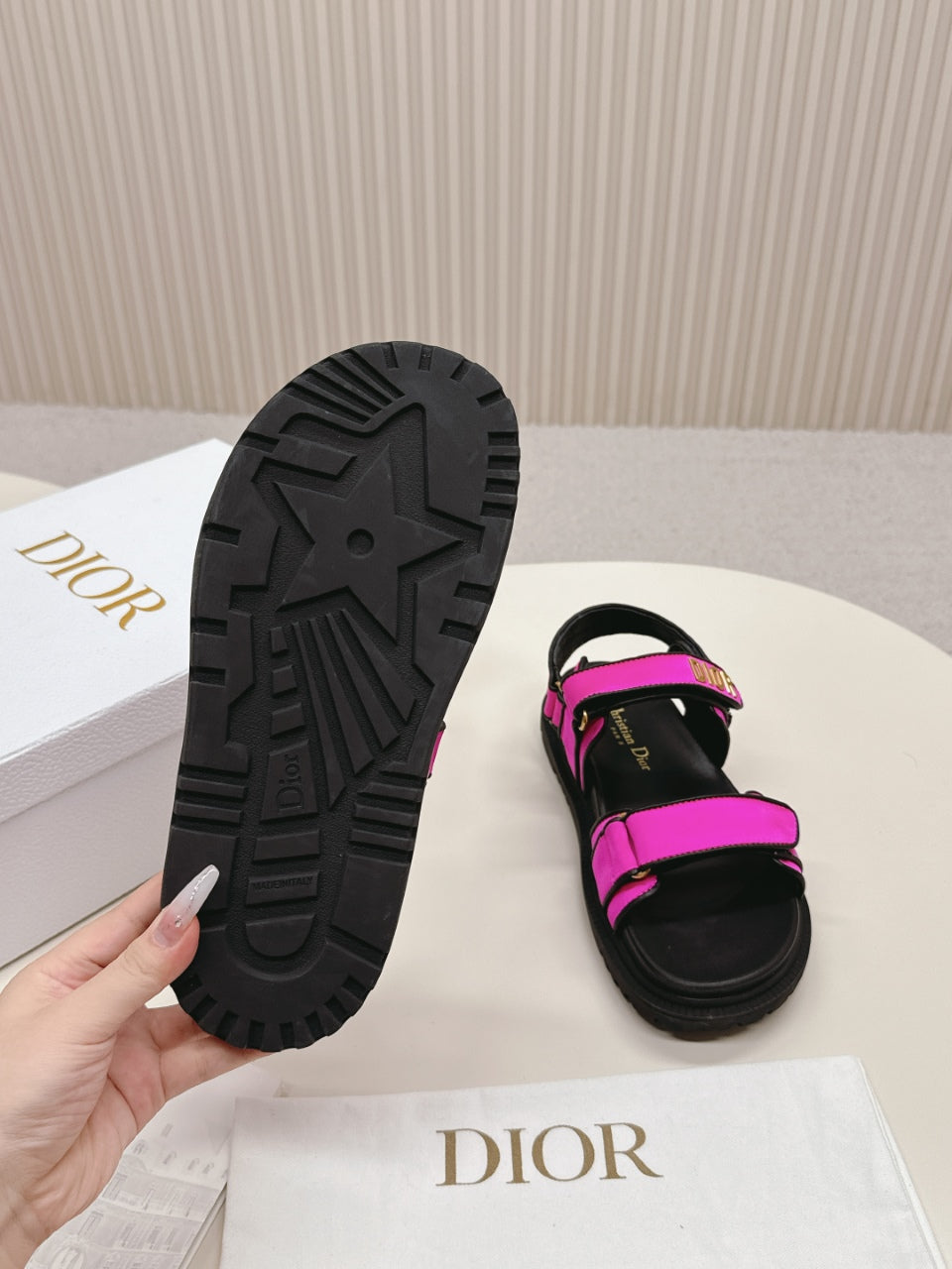DIOR BACK-STRAP SANDALS 25S IN DARK PINK FABRIC AND BLACK CALFSKIN WITH GOLD HARDWARE - 35