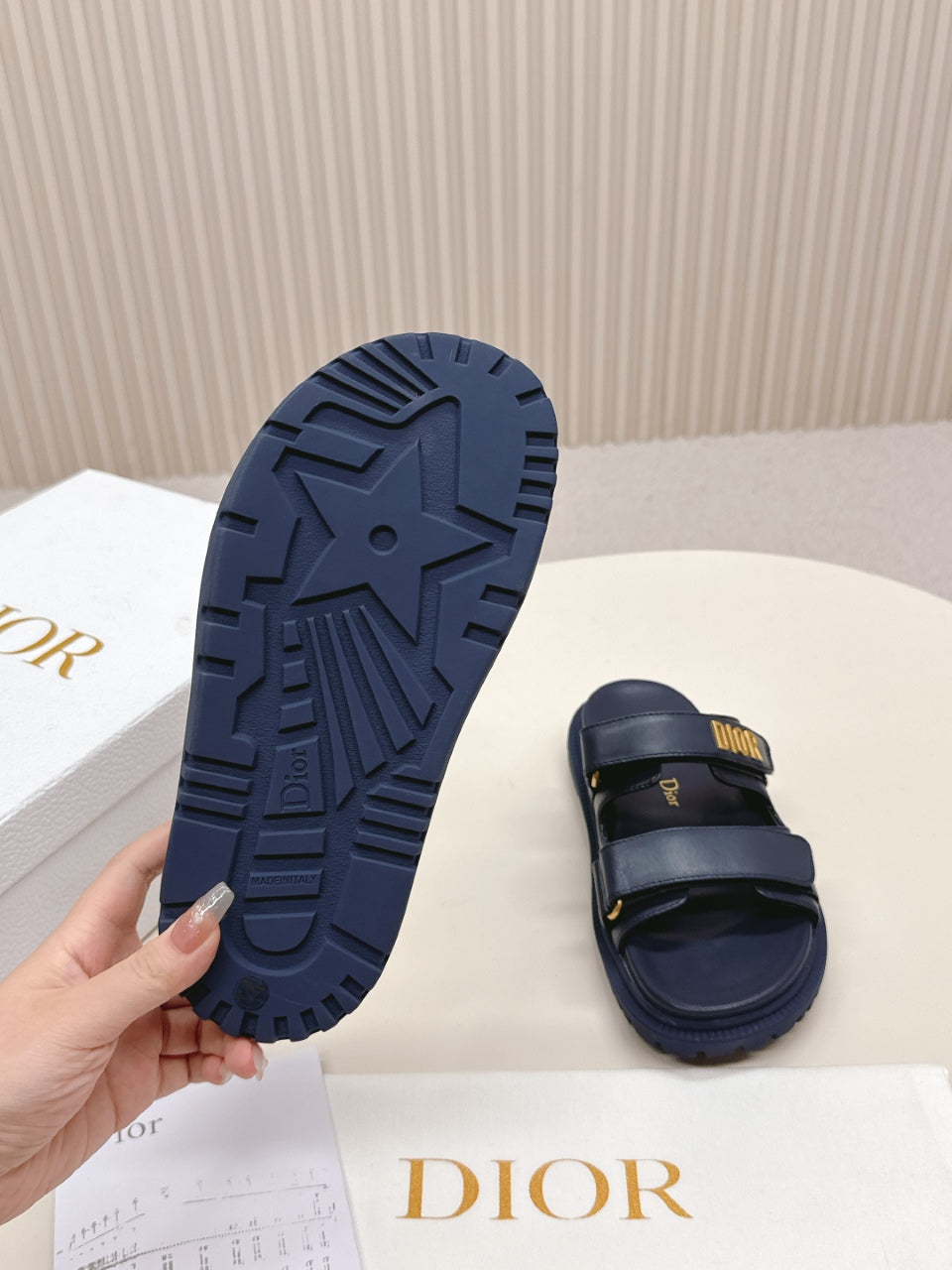 DIOR CLASSIC DOUBLE-STRAP SLIDES 25S IN MIDNIGHT BLUE CALFSKIN - 35