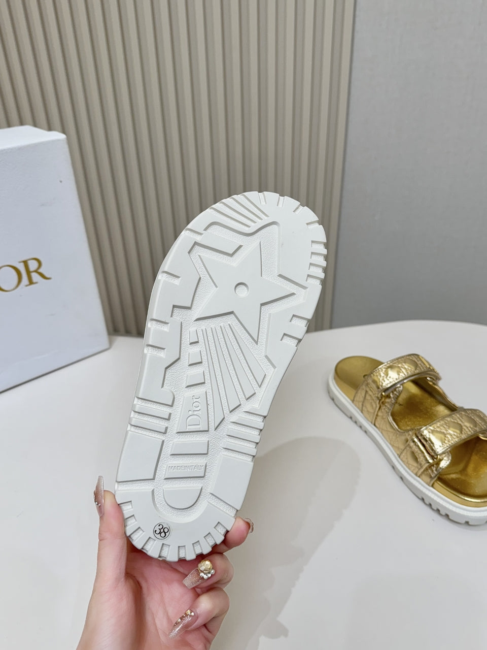 DIOR CLASSIC DOUBLE-STRAP SLIDES 25S IN GOLD CALFSKIN - 35