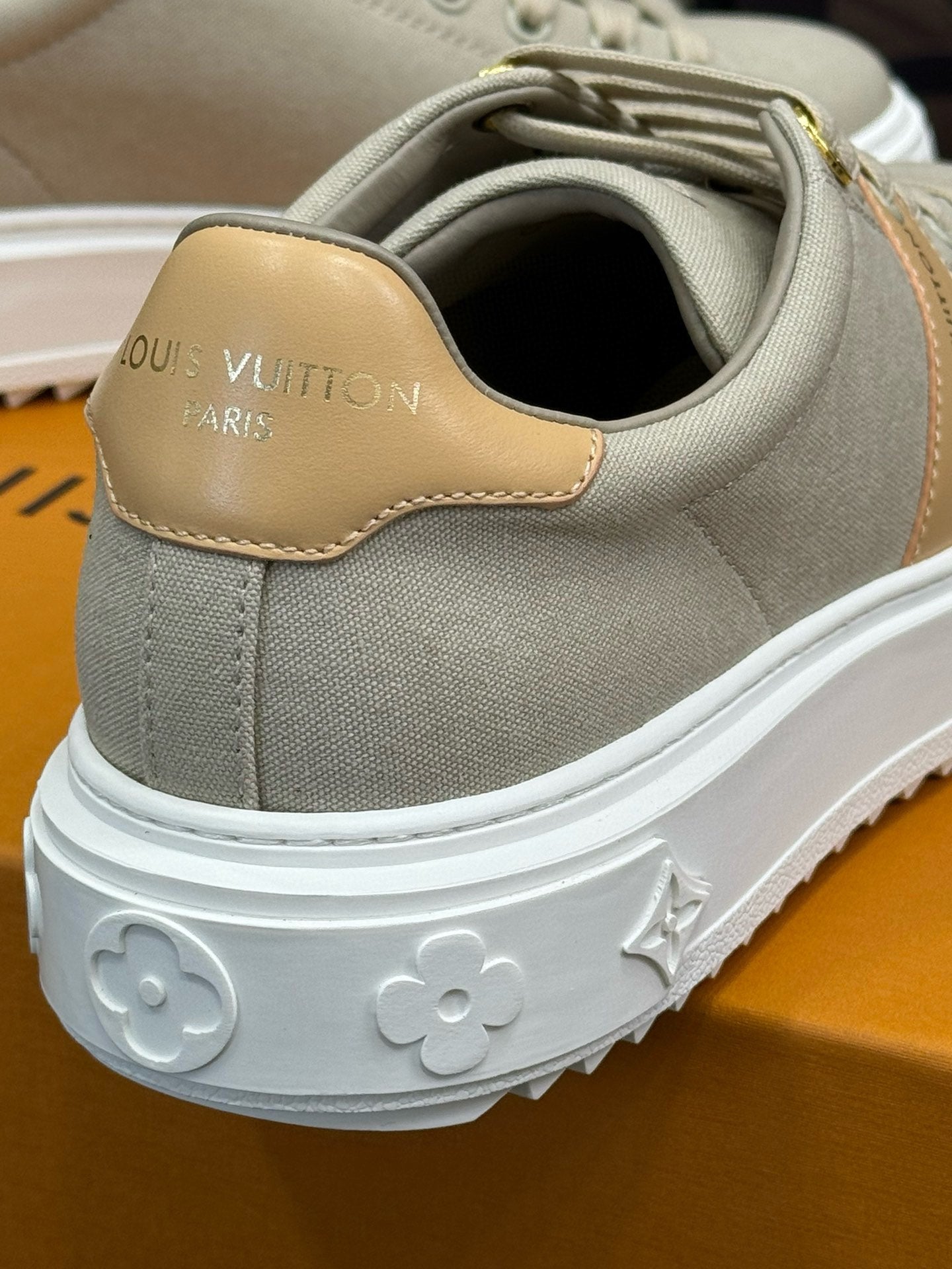 LV TIME OUT SNEAKER IN PASTEL GRAY MIX MACAROON GOLD CANVAS - 34