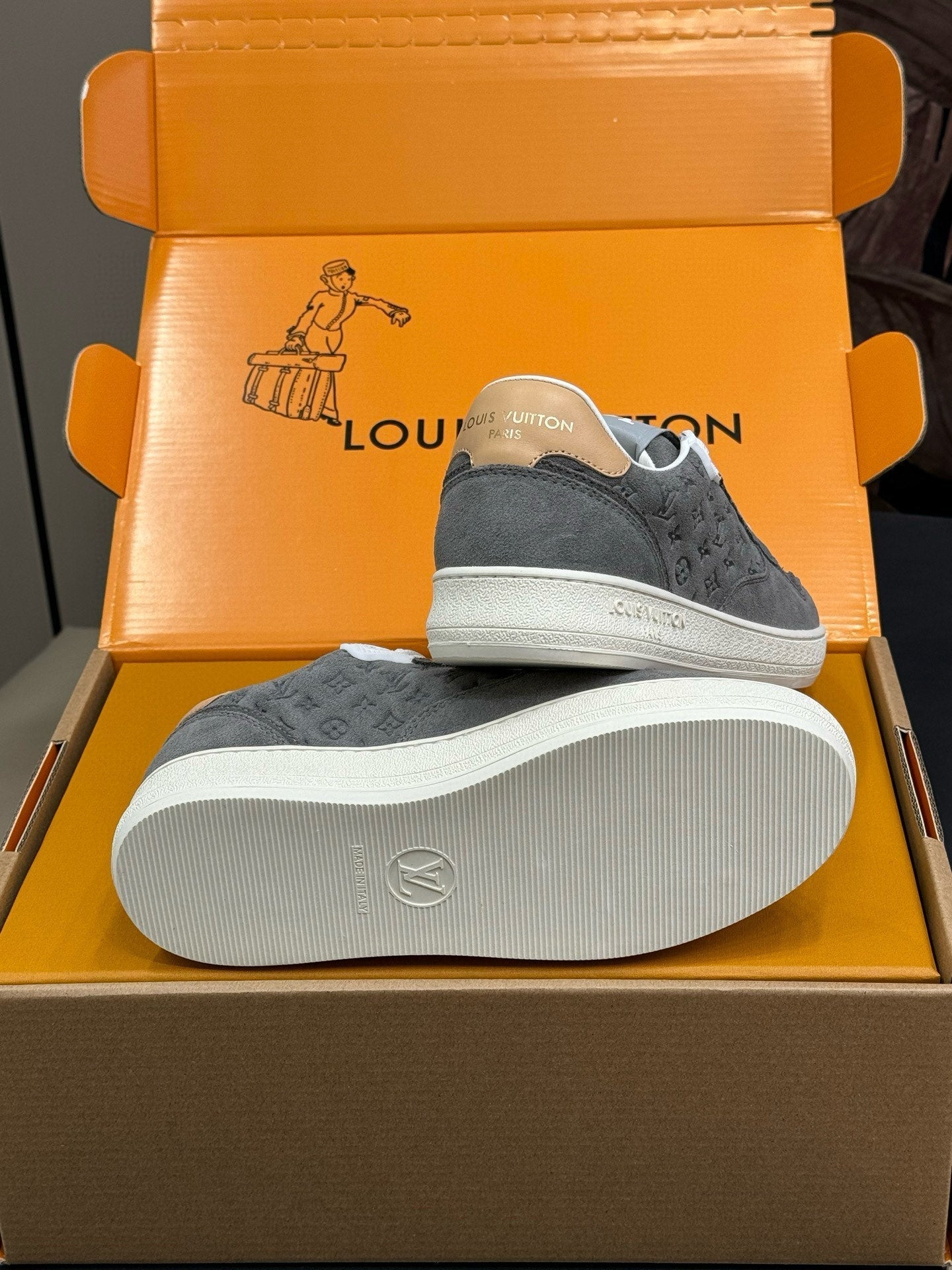 STADIUM SNEAKER IN DOVE GRAY EMBOSSED MONOGRAM SUEDE - 35