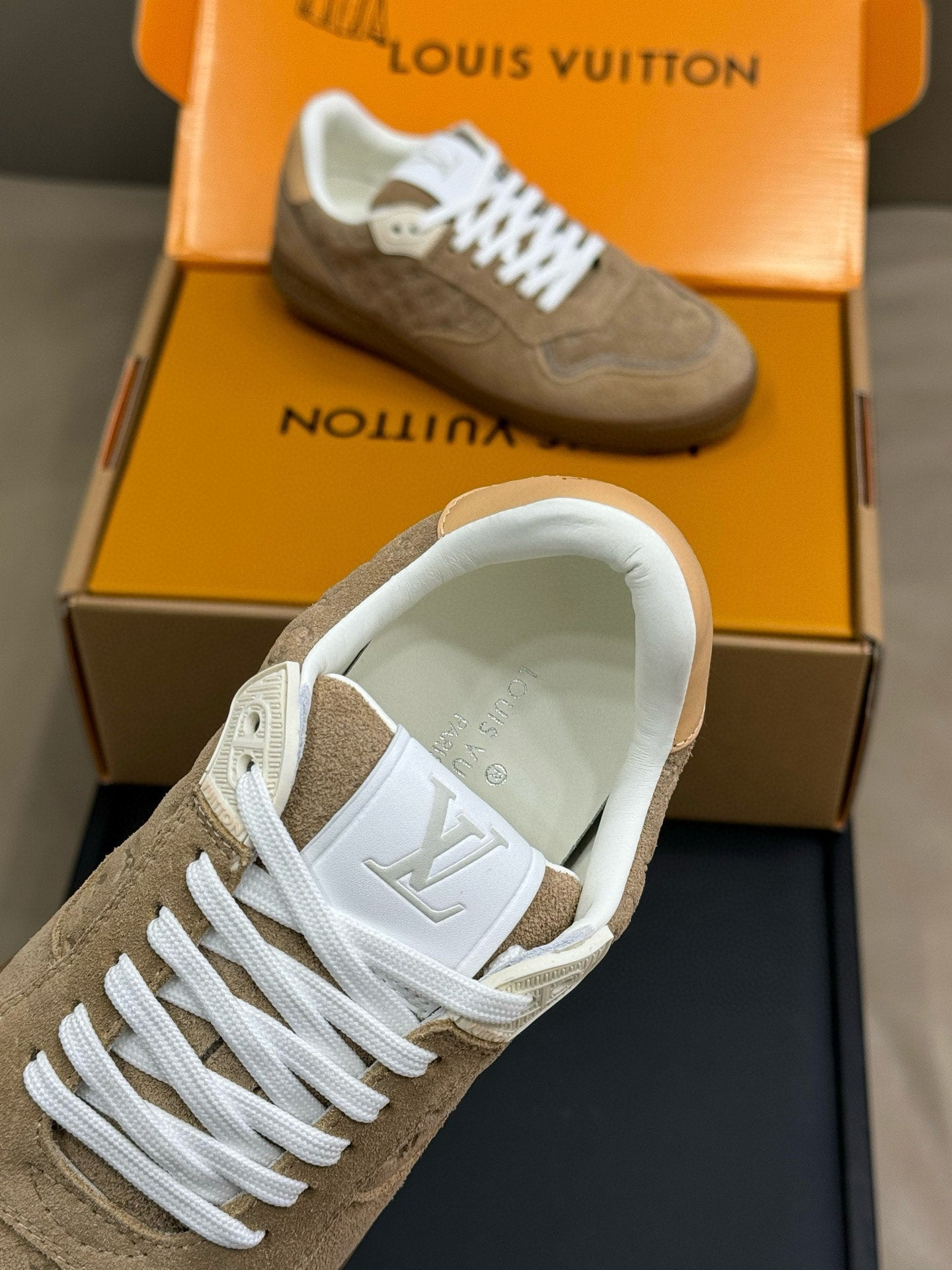 STADIUM SNEAKER IN KHAKI BROWN EMBOSSED MONOGRAM SUEDE - 35