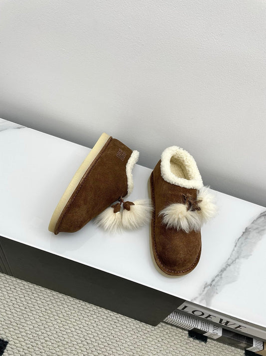 MIUMIU 26S ANKLE SHEARLING BOOTS IN DARK BROWN SUEDE