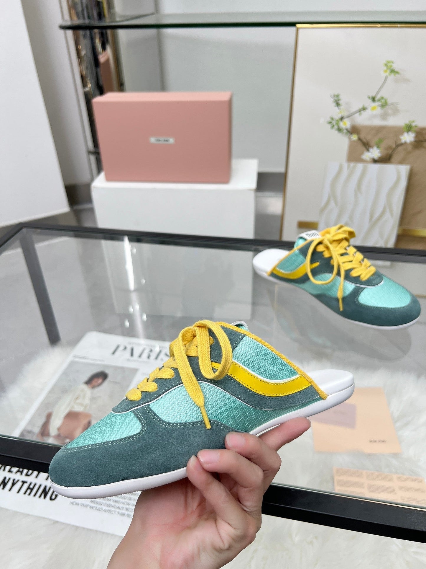 GYMNASIUM SNEAKERS MULES PERSIAN SUEDE AND DARK GREEN TECHNICAL FABRIC - 35