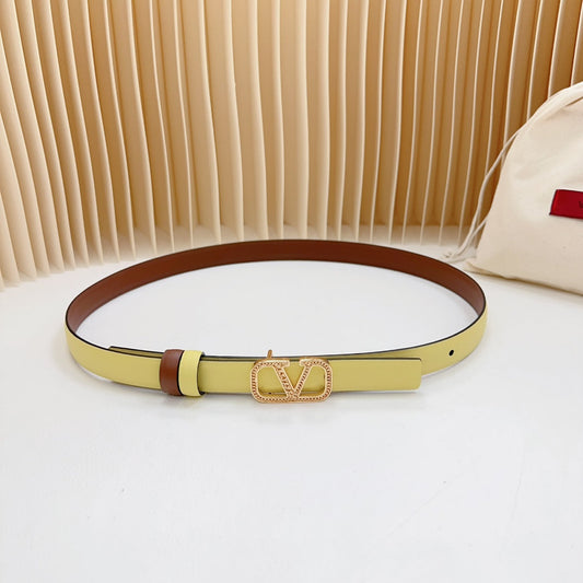 Vlogo Buckle Water Wave Gold Copper Glossy Brown Yellow Leather 20mm Belt - 30