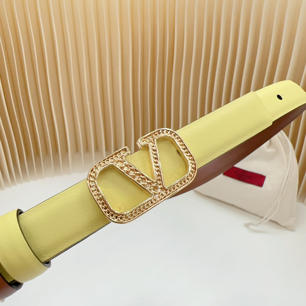 Vlogo Buckle Water Wave Gold Copper Glossy Brown Yellow Leather 20mm Belt - 30