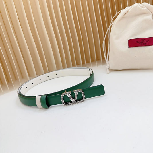 Vlogo Buckle Water Wave Silver Copper Glossy Dark Green White Leather 20mm Belt - 30