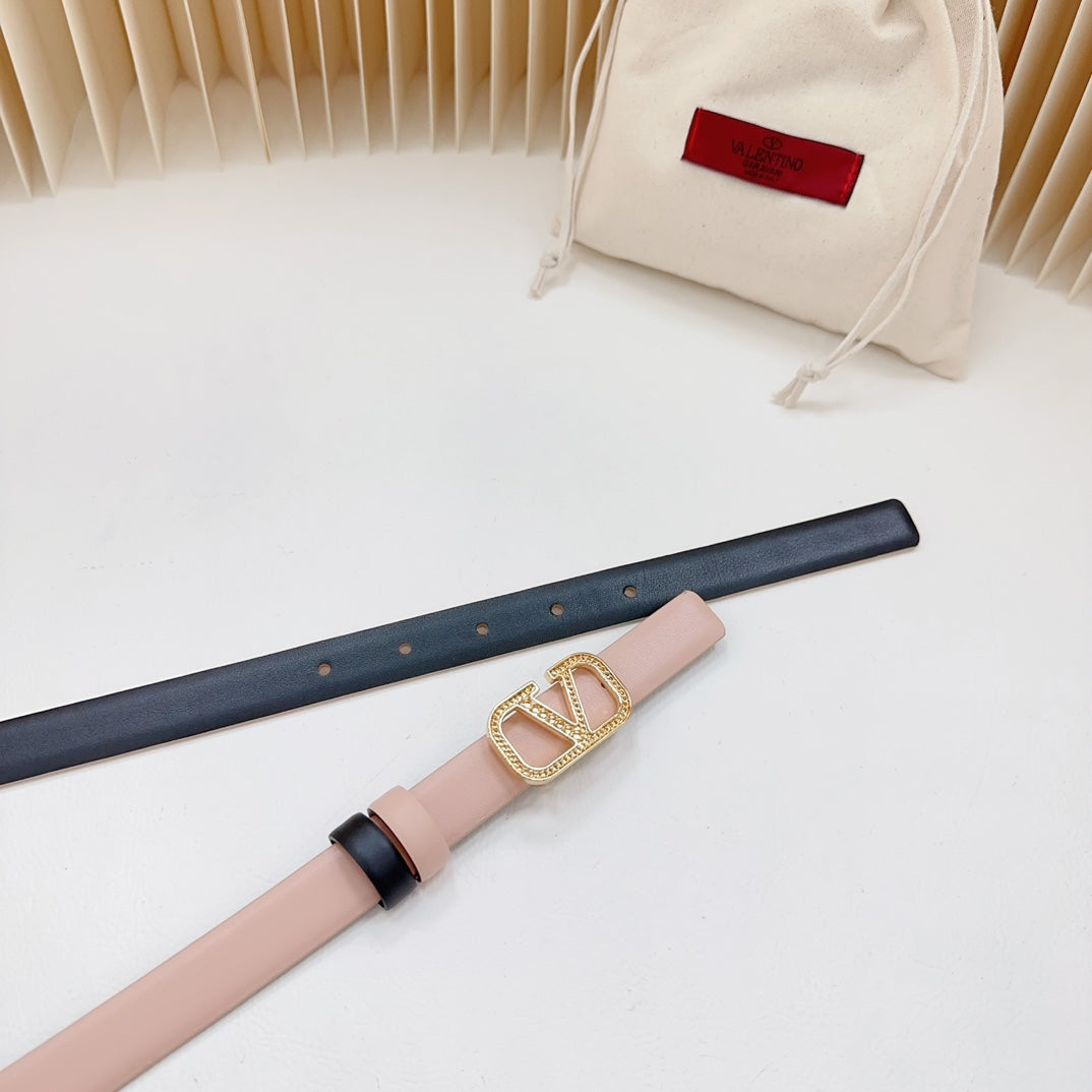Vlogo Buckle Water Wave Gold Copper Glossy Light Pink Black Leather 20mm Belt - 30