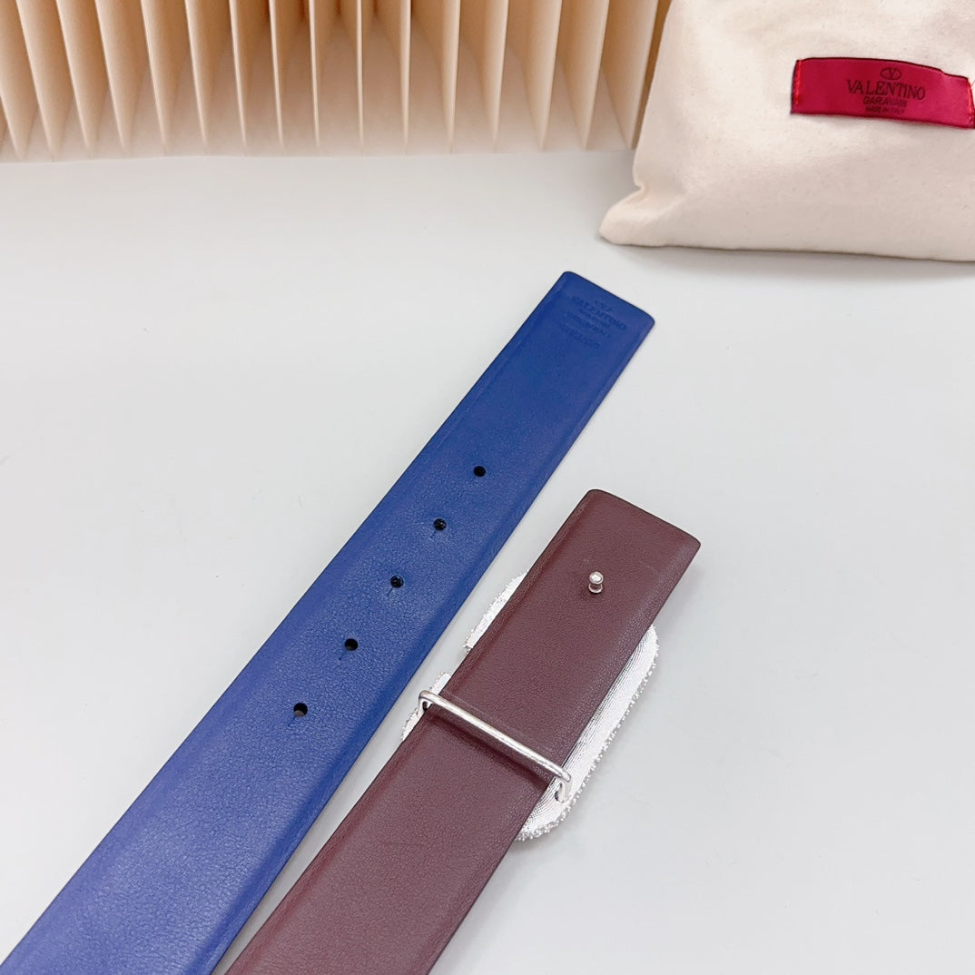 Vlogo Brown Black White Stone Silver Buckle Belt 40mm Chocolate Blue Leather - 30