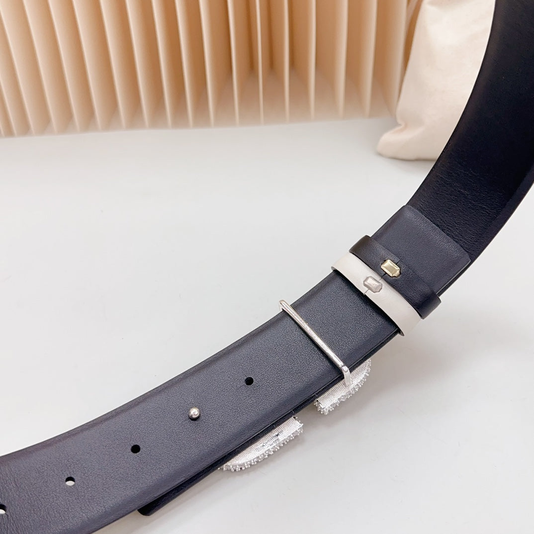 Vlogo Brown Black White Stone Silver Buckle Belt 40mm Black White Leather - 30