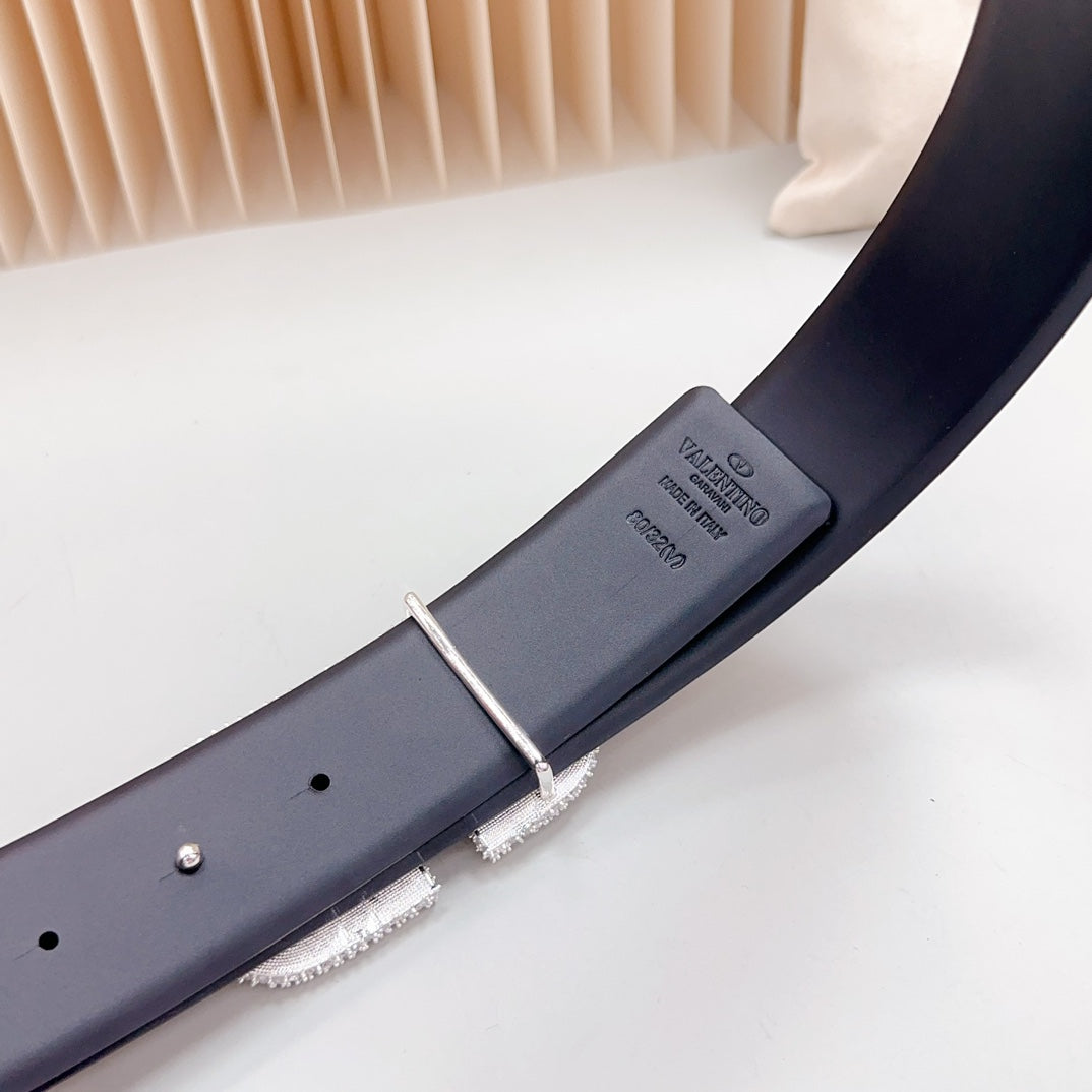 Vlogo Brown Black White Stone Silver Buckle Belt 40mm Black Leather - 30