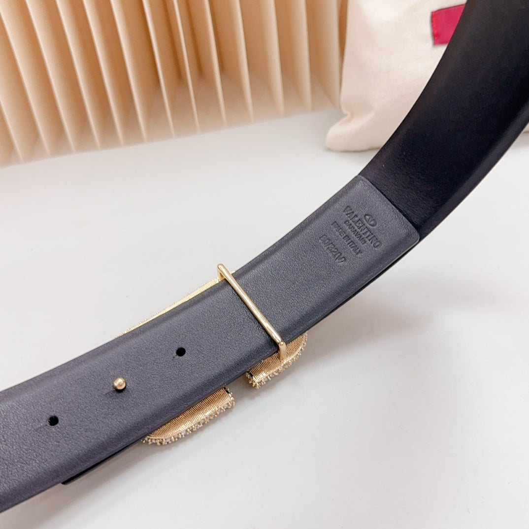 Vlogo Brown Black White Stone Gold Buckle Belt 40mm Black Leather - 30