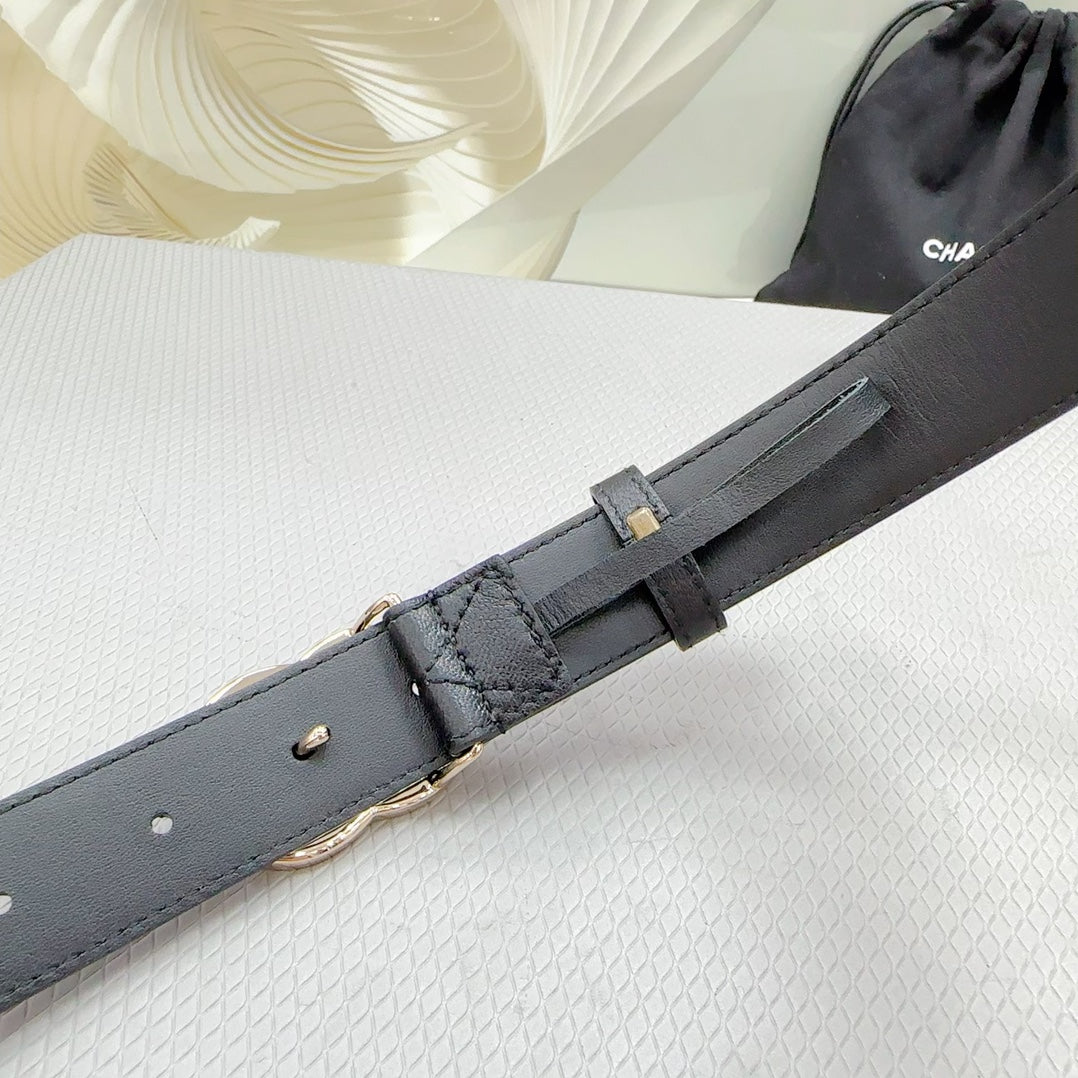 CC BELT 30 MM BLACK CALFSKIN WITH BLACK MIX WHITE LOGO - 30