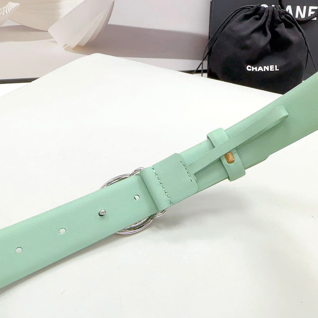 CC 30MM BELT IN GREEN MINT CALFSKIN SILVER HARDWARE ATTACH PEARLS - 30