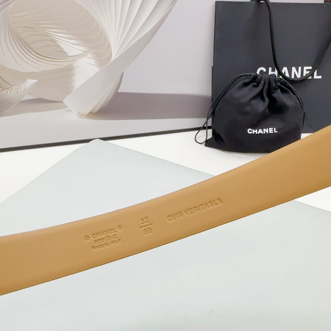 CC 30MM BELT IN CAMEL BEIGE CALFSKIN SILVER HARDWARE ATTACH PEARLS - 30