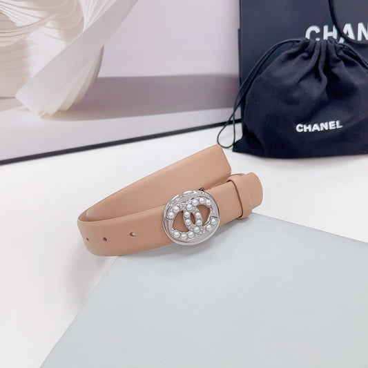 CC 30MM BELT IN DESERT SAND CALFSKIN SILVER HARDWARE ATTACH PEARLS - 30