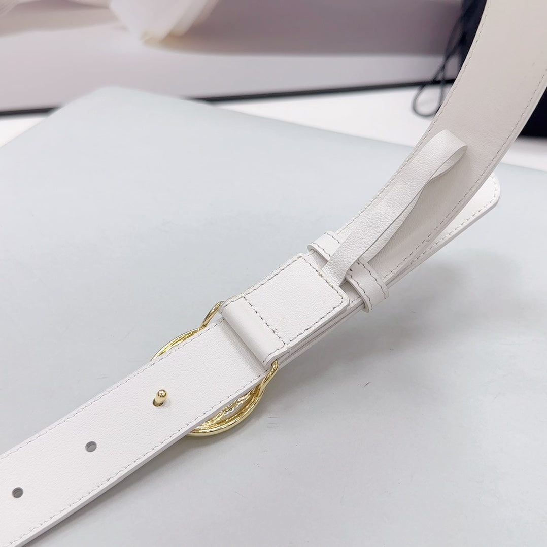 CC 30MM BELT IN WHITE CALFSKIN GOLD HARDWARE ATTACH PEARLS - 30