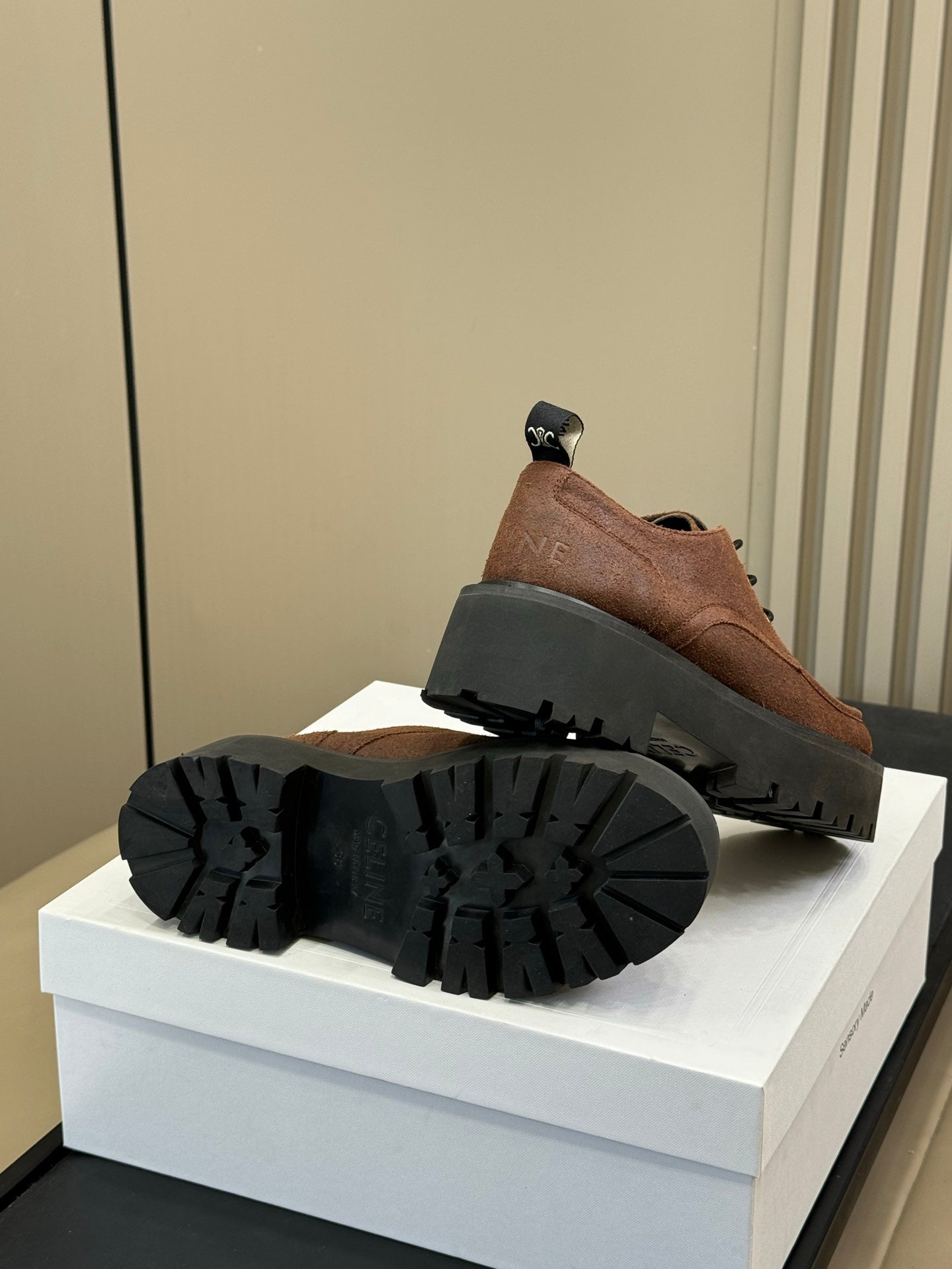 CELINE 25S THICK SOLED LOAFERS IN BROWN CALFSKIN SUEDE - 35