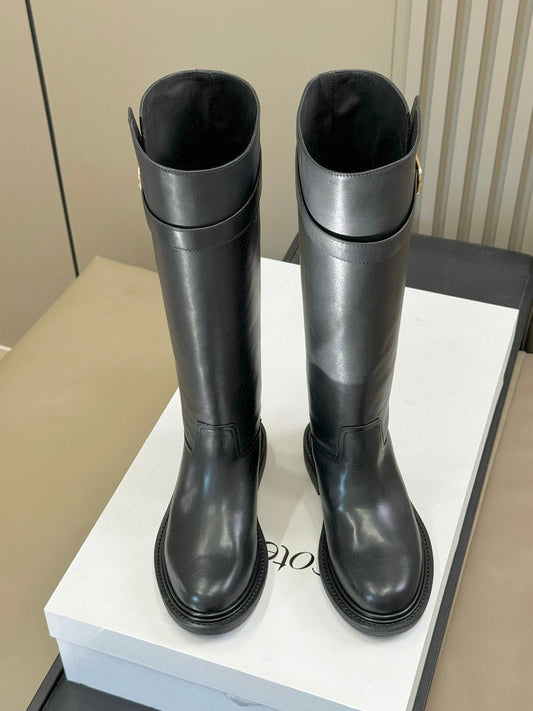CELINE 26S HIGH-TOP BOOTS IN BLACK CALFSKIN WITH GOLD HARDWARE