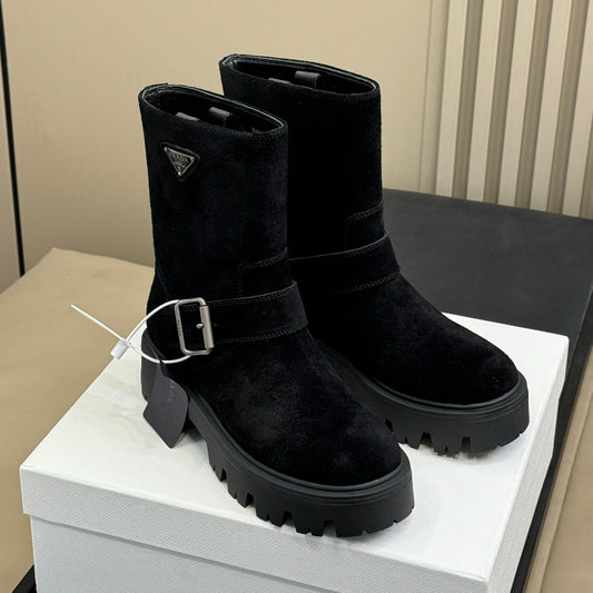 PRADA 25S PLATFORM ANKLE BOOTS IN BLACK SUEDE WITH SILVER HARDWARE - 35