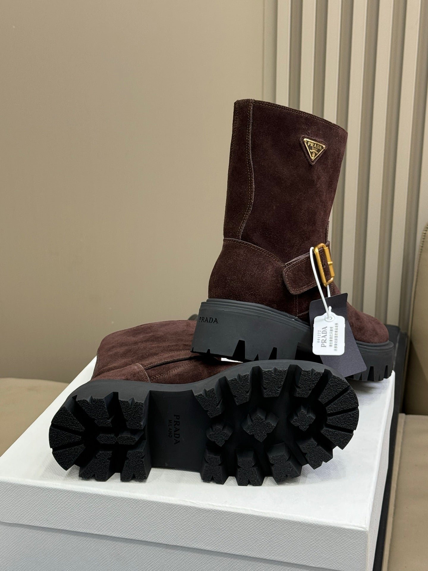 PRADA 25S PLATFORM ANKLE BOOTS IN DARK BROWN SUEDE WITH GOLD HARDWARE - 35