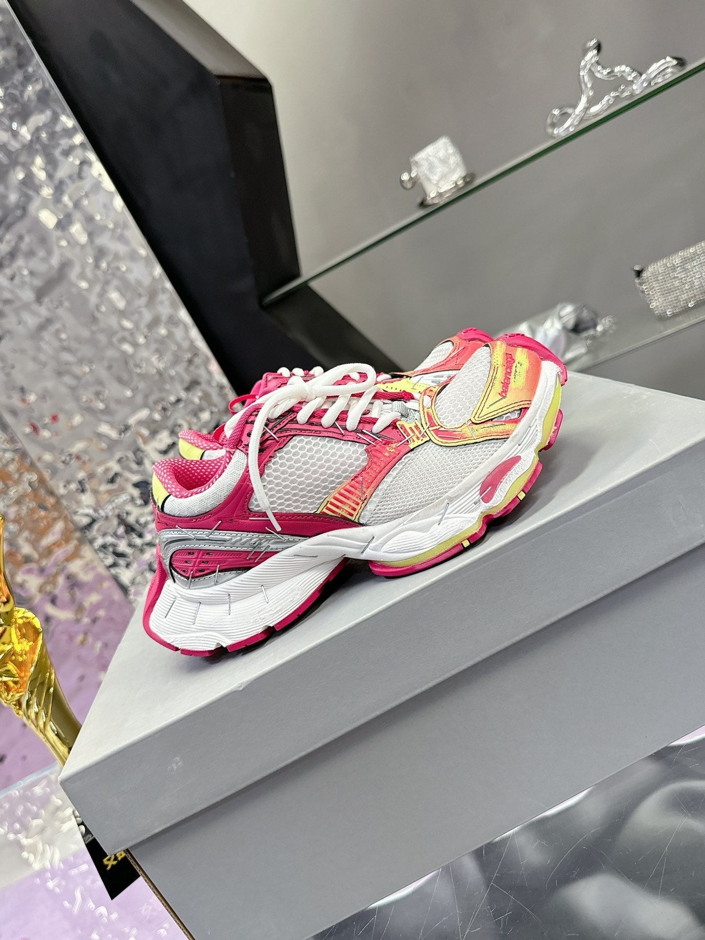 STAPLER SNEAKER IN WHITE, PINK, NEON YELLOW AND SILVER POLYURETHANE AND POLYESTER - 35