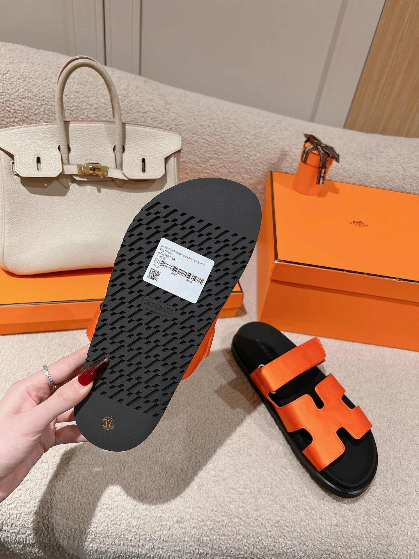 CHYPRE SANDAL BLACK MIX DARK ORANGE CALFSKIN - 35