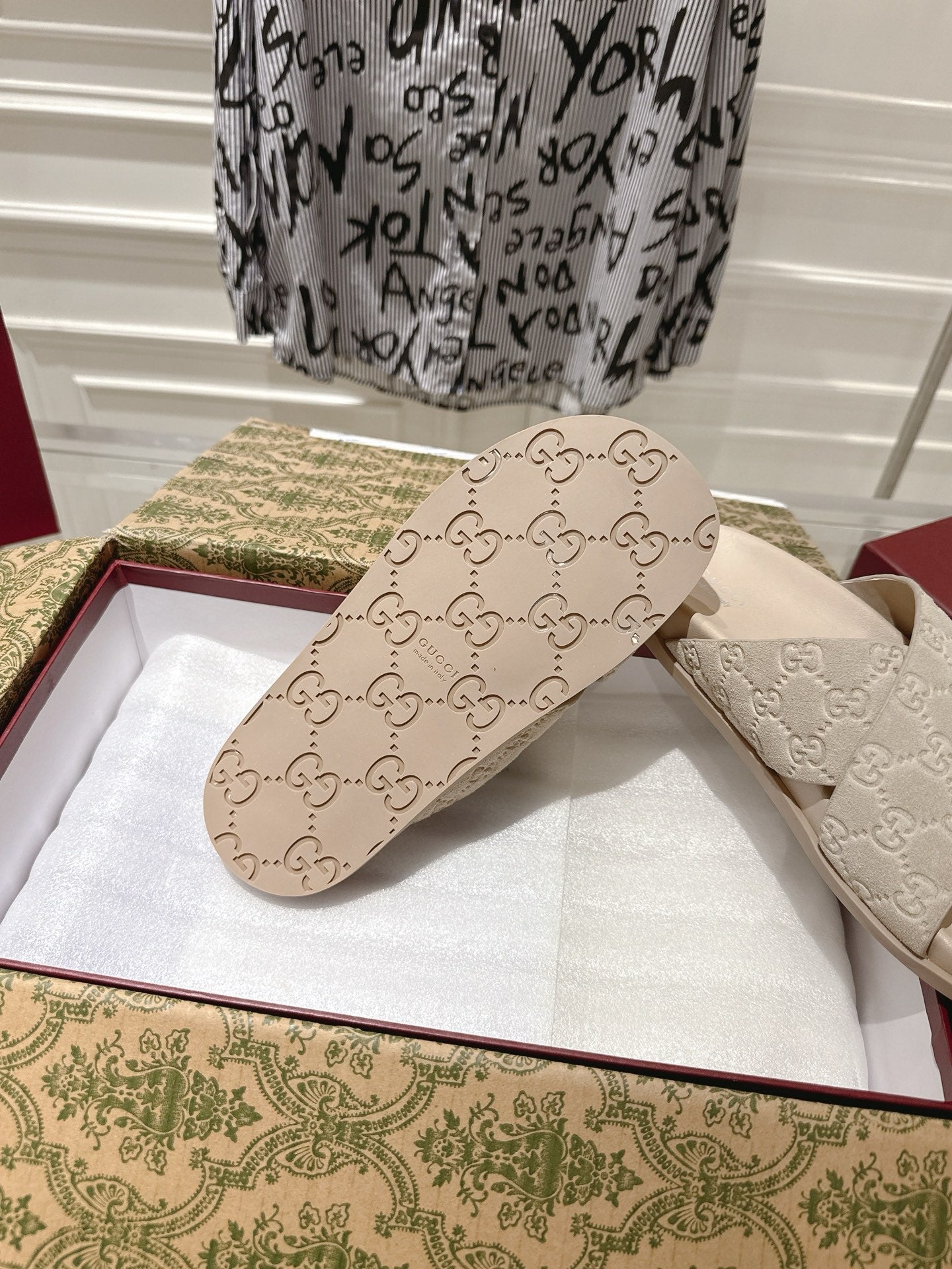 GG SLIDES IN NUDE BEIGE SUEDE WITH EMBOSSED LOGO STYLE 7 - 36