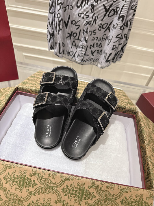 SANDALS IN BLACK SUEDE EMBOSSED LOGO SILVER HARDWARE - 36