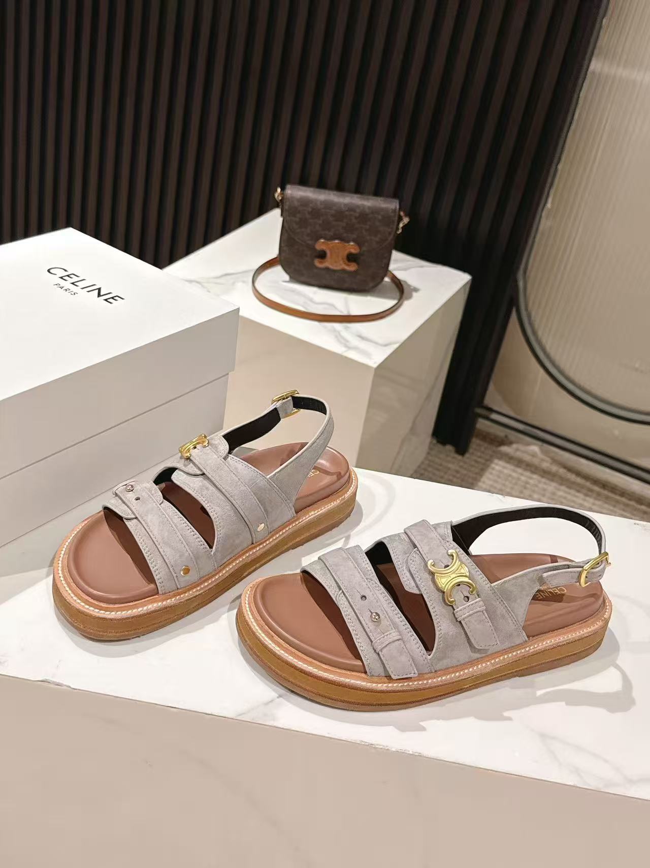 CELINE 25S TIPPI TRIOMPHE SANDAL IN LIGHT GRAY CALFSKIN SUEDE - 35